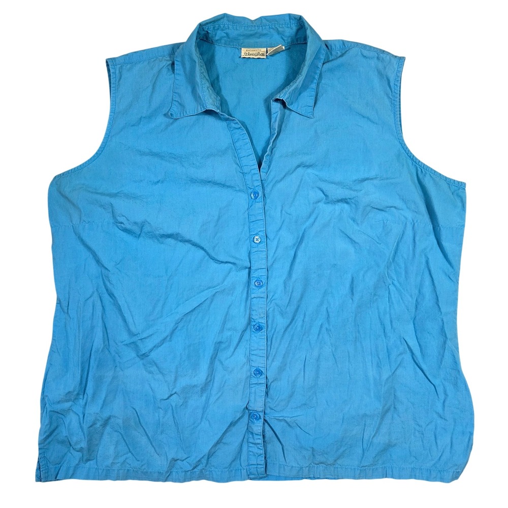St Johns Bay Womens 22W Sleeveless Button Down Shirt Turquoise Blue Cotton Top
